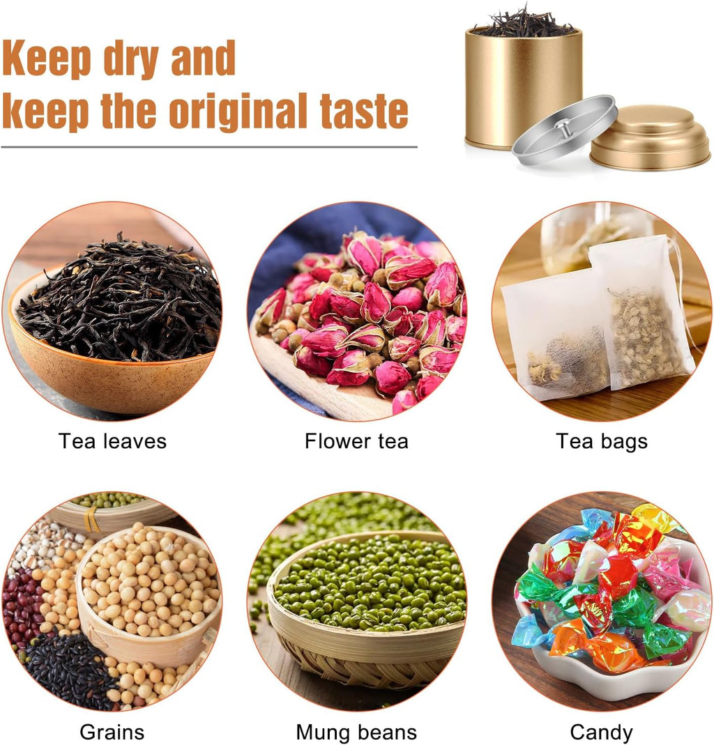TRISCO 6PCS Tea Tin with Airtight Double Lids for Loose Leaf Tea Storage | 8 Fl Oz Capacity,Kitchen Small Tin Can Tea Canisters,for Loose Tea Coffee Sugar Candy Spices,Holiday Gift,Gold