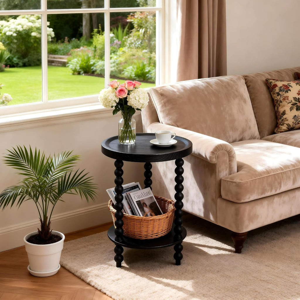 Round 2 Tier Side Table, End Table with Storage Shelf, Modern Nightstand Beside Table for Living Room, Bedroom, (Black, Normal, Wood)
