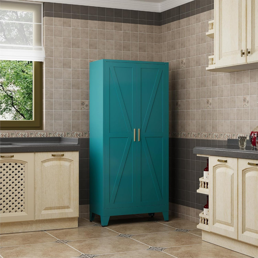 QINPTWUT 61" Metal Storage Cabinet, 4-Tier Kitchen Pantry with 3 Adjustable Shelves, Farmhouse Design Freestanding Cupboard for Kitchen, Bathroom, Laundry, Garage, Blue