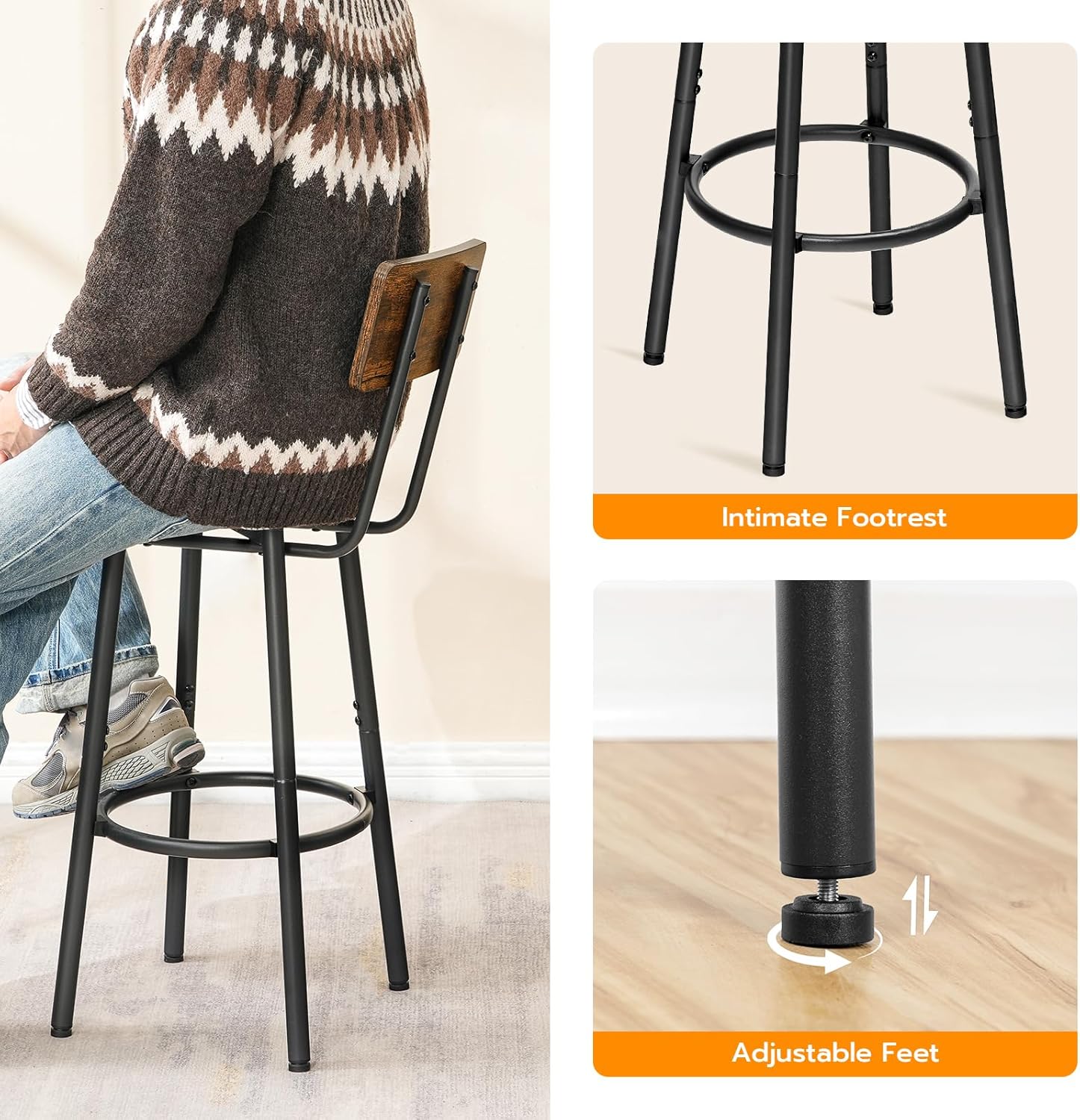 HOOBRO 3 Pieces Round Bar Height Table and Chairs Set, Round Dining Table Set, Pub Table and Chairs for Small Space, 2 Tier Kitchen Table and Bar Stools with Back, Rustic Brown BF35BT01