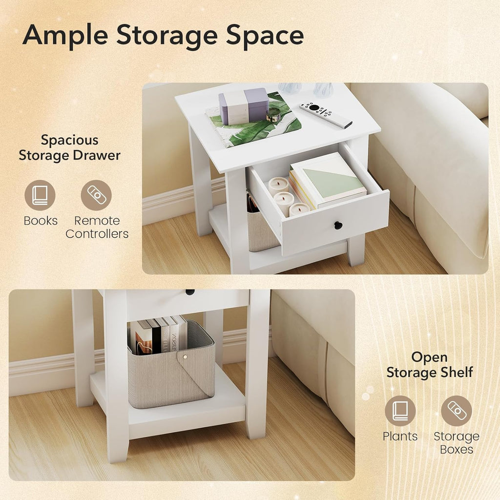 Giantex Nightstands with Drawer Set of 2, 2-Tier Bedside Table with Storage Open Shelf, Wooden Accent End Table for Small Spaces, Modern Night Stand for Bedroom Dorm Living Room, White