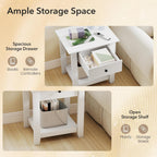 Giantex Nightstands with Drawer Set of 2, 2-Tier Bedside Table with Storage Open Shelf, Wooden Accent End Table for Small Spaces, Modern Night Stand for Bedroom Dorm Living Room, White