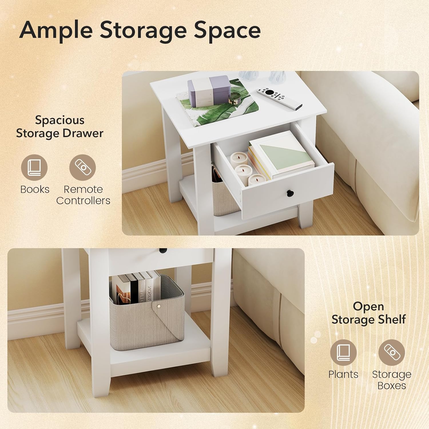 Giantex Nightstands with Drawer Set of 2, 2-Tier Bedside Table with Storage Open Shelf, Wooden Accent End Table for Small Spaces, Modern Night Stand for Bedroom Dorm Living Room, White