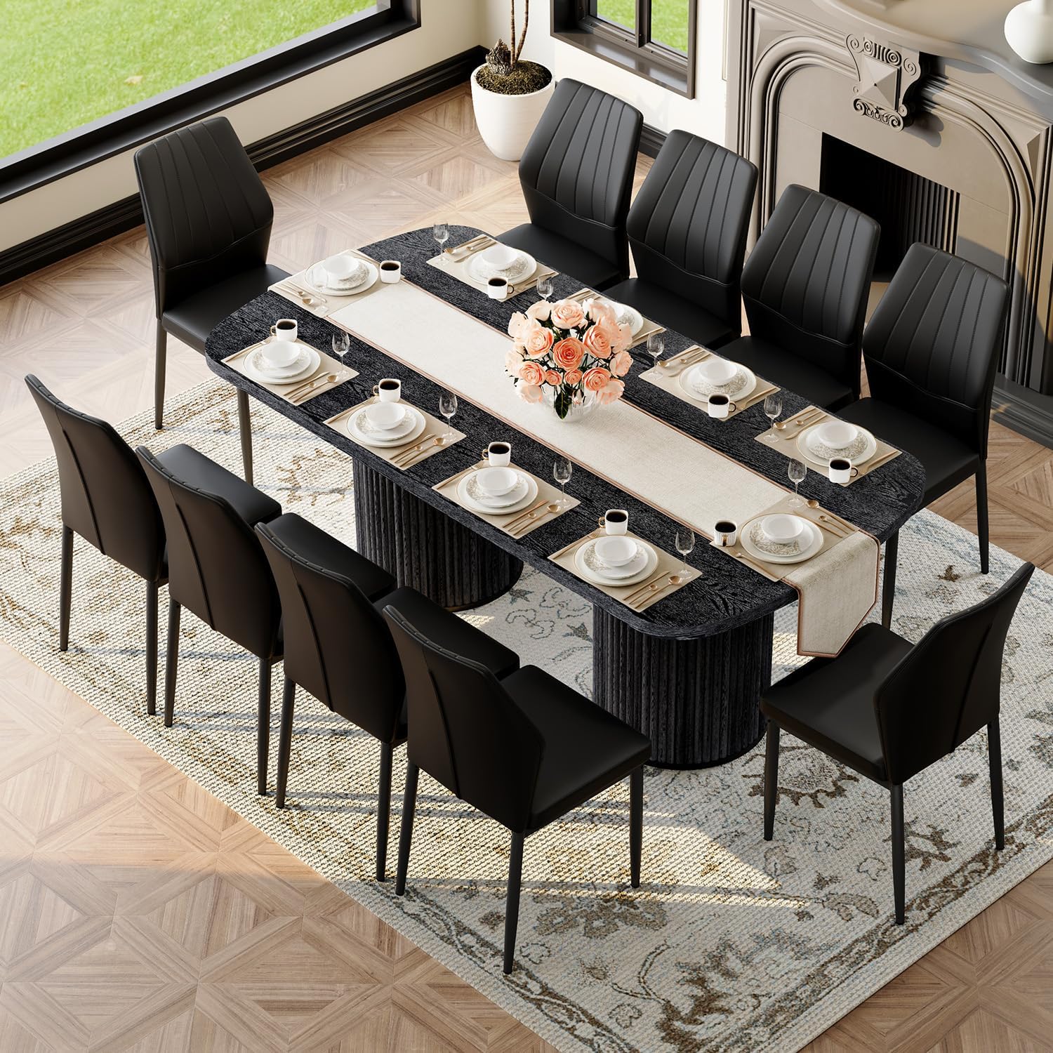 79" Black Dining Table Set for 10,Large Dining Room Table Set for 10 with Fluted Double Pedestal Base & Cushioned Chairs,Modern Luxe Rectangular Wood Kitchen Table Set for Family Gatherings