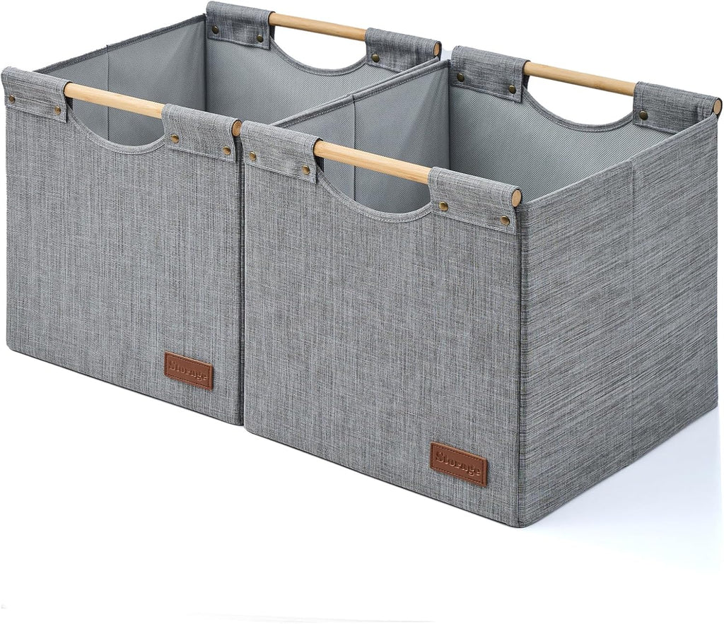 KAKAMAY 13x15x13 Inch Collapsible Fabric Storage Cubes, Grey 2-Pack with Wooden Handles, Cube Storage Bins for Kallax Shelf, Closet, Living Room, Bedroom, Nursery, Toys, Clothes, Blankets, Laundry