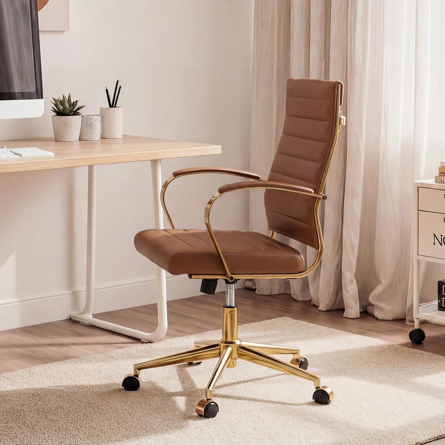 Okeysen Gold Office Desk Chair, Ergonomic Leather Modern Conference Room Chairs, Executive Ribbed Height Adjustable Swivel Rolling Golden Chair for Home Office.
