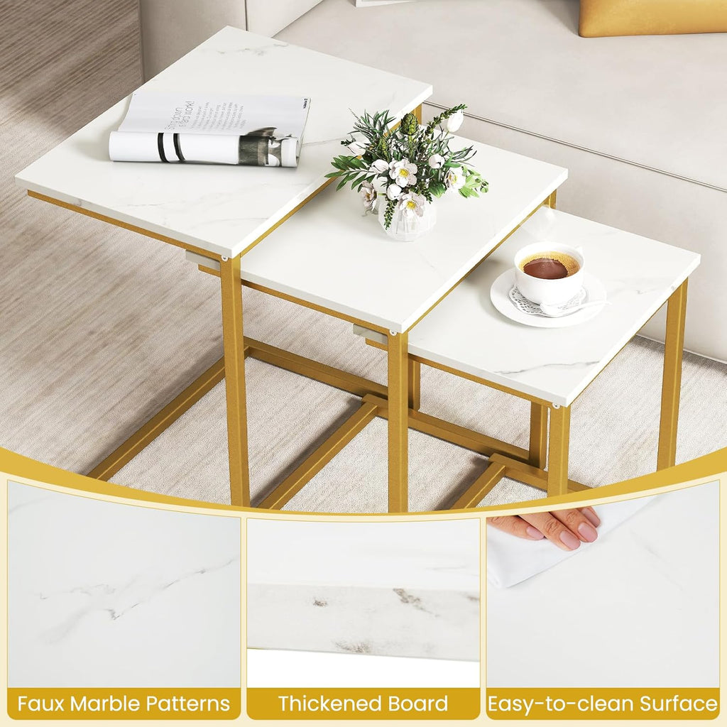 GOFLAME Nesting Coffee Tables Set of 3, Rectangular Nesting Center Table with Faux Marble Top & Metal Frame, Modern C-Shaped Nested Side Table Set for Living Room, Bedroom, Gold & White