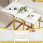 GOFLAME Nesting Coffee Tables Set of 3, Rectangular Nesting Center Table with Faux Marble Top & Metal Frame, Modern C-Shaped Nested Side Table Set for Living Room, Bedroom, Gold & White