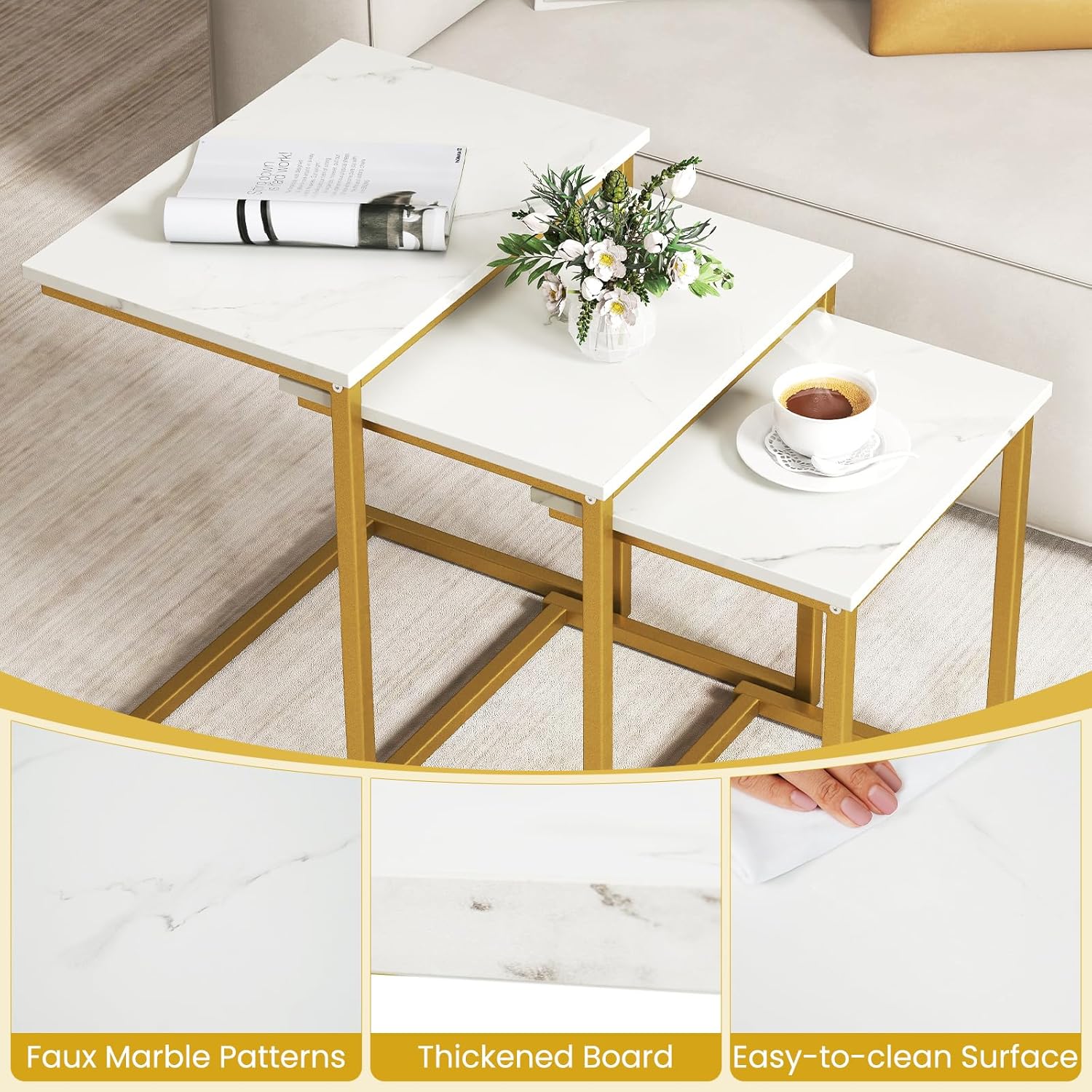 GOFLAME Nesting Coffee Tables Set of 3, Rectangular Nesting Center Table with Faux Marble Top & Metal Frame, Modern C-Shaped Nested Side Table Set for Living Room, Bedroom, Gold & White