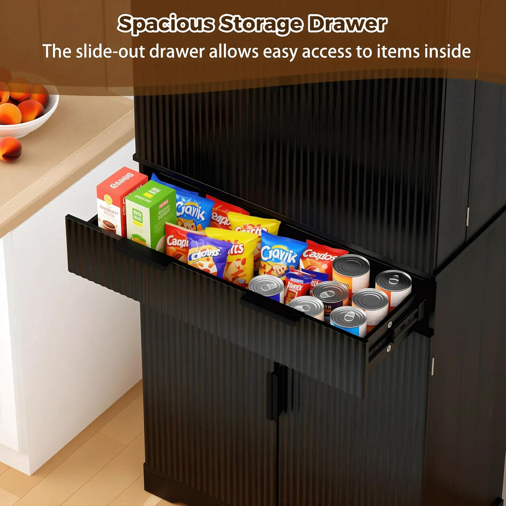 72” Kitchen Pantry Cabinet, Fluted Kitchen Cupboard with Doors and Large Drawer,Tall Storage Cabinet with Adjustable Shelves for Dining Room, Bathroom,Living Room(Black)