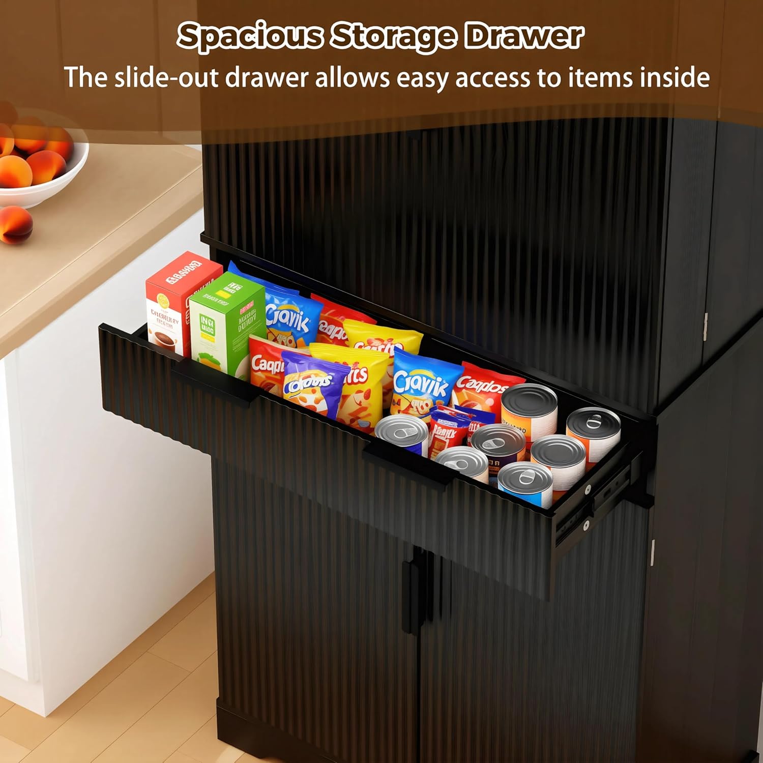 72” Kitchen Pantry Cabinet, Fluted Kitchen Cupboard with Doors and Large Drawer,Tall Storage Cabinet with Adjustable Shelves for Dining Room, Bathroom,Living Room(Black)