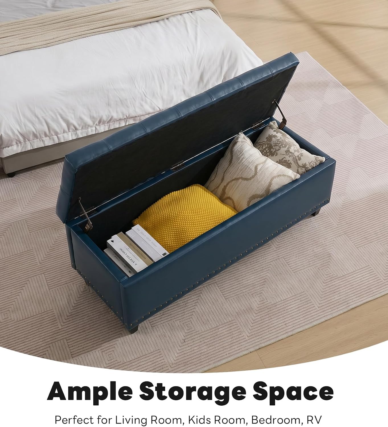 Tbfit 50.8" Large Storage Ottoman Bench with Button-Tufted Top, Blue PU Faux Leather End of Bed Chest with Safety Hinge and Rivets for Bedroom, Living Room (Blue PU)