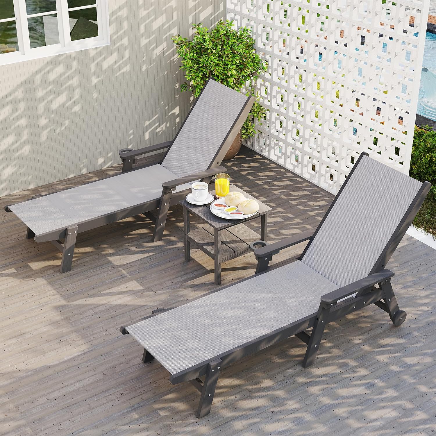 Domi Outdoor Pool Lounge Chairs Set of 2, HDPE Patio Lounge Chair with Wheels, Chaise Lounge Chair for Pool, Sunbathing Tanning, Lawn, Grey