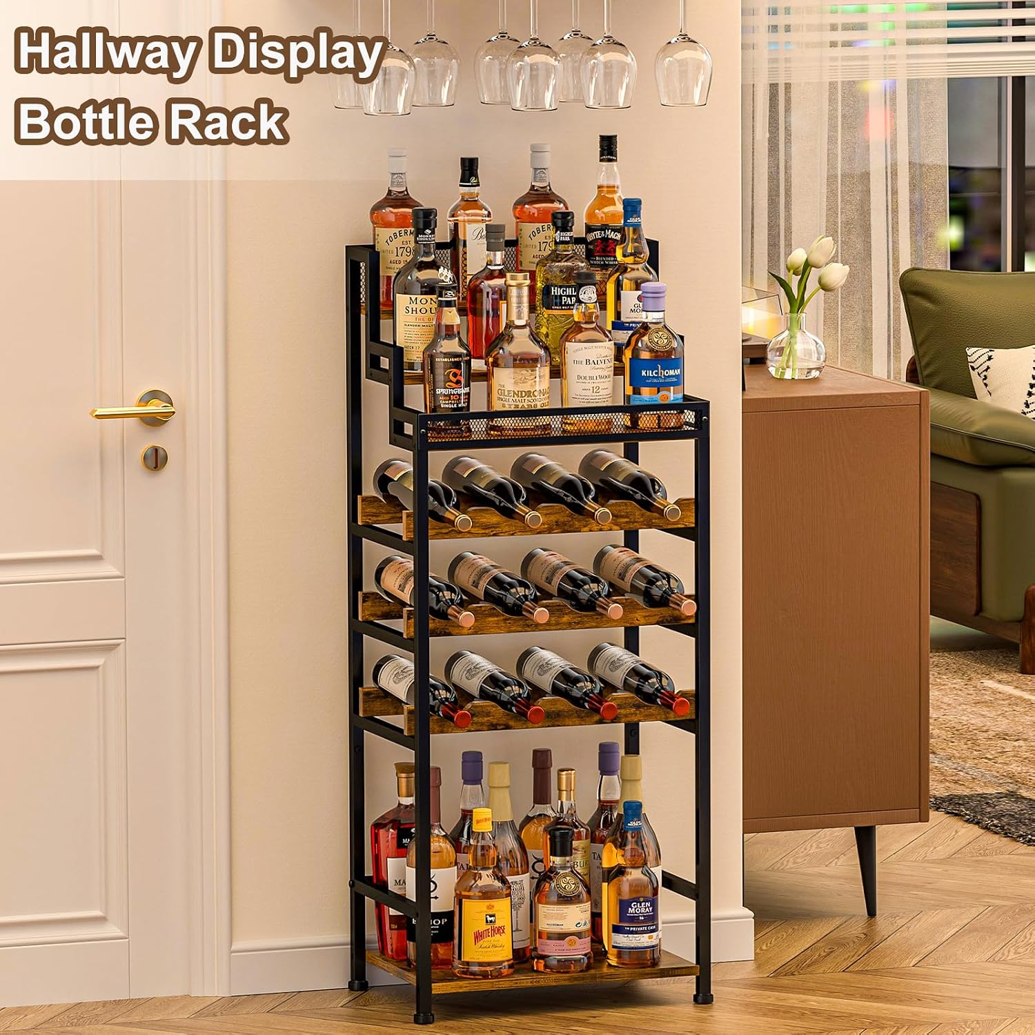 Tiered Wine Rack and Liquor Cabinet, Large Capacity Freestanding Floor Wine Storage Shelf for Red Wine, Champagne & Whiskey, Stepped Bottle Display Stand for Home Bar, Living Room, Corner, Dining Room