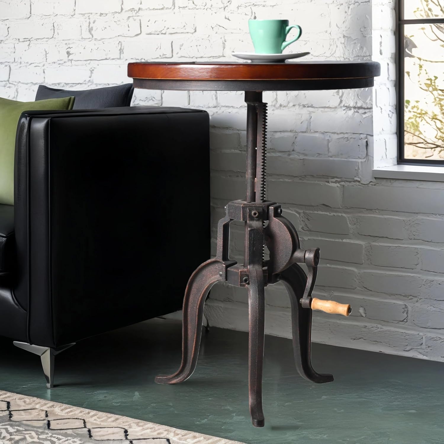 Topower Industrial Retro Side Table Antique Mechanic Crank Height Ajustable Black Walnut Wood Top Three-Legged Farmhouse Accent End Table Copper