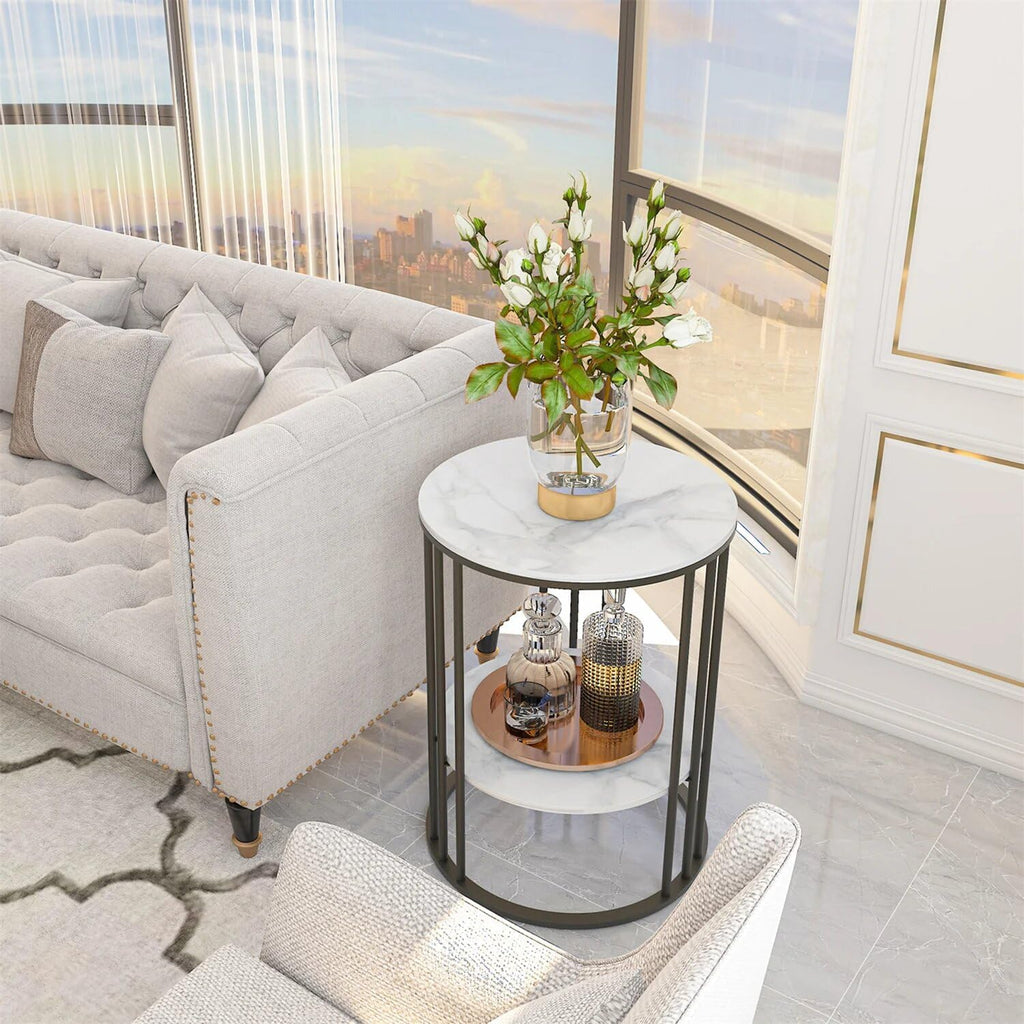 15.7Wx15.7Dx21.3H inch 2-Tier White Marble Side Table Round Coffee Table Nightstand Jewellery Storage Shelves