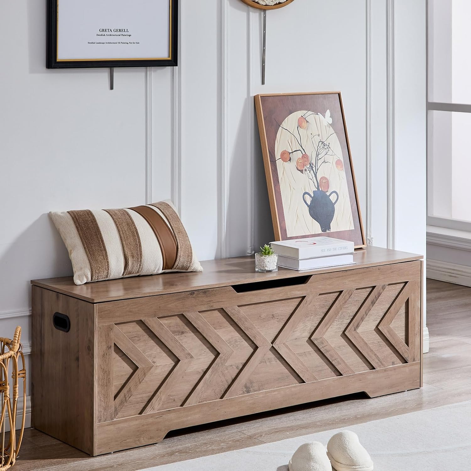 55.1” Storage Bench, Extra Large Entryway Bench with Storage,Storage Chest with 2 Safety Hinges,Blanket Storage,Shoe Storage Chest for Bedroom,Living Room,Easy Assembly. (Greige)