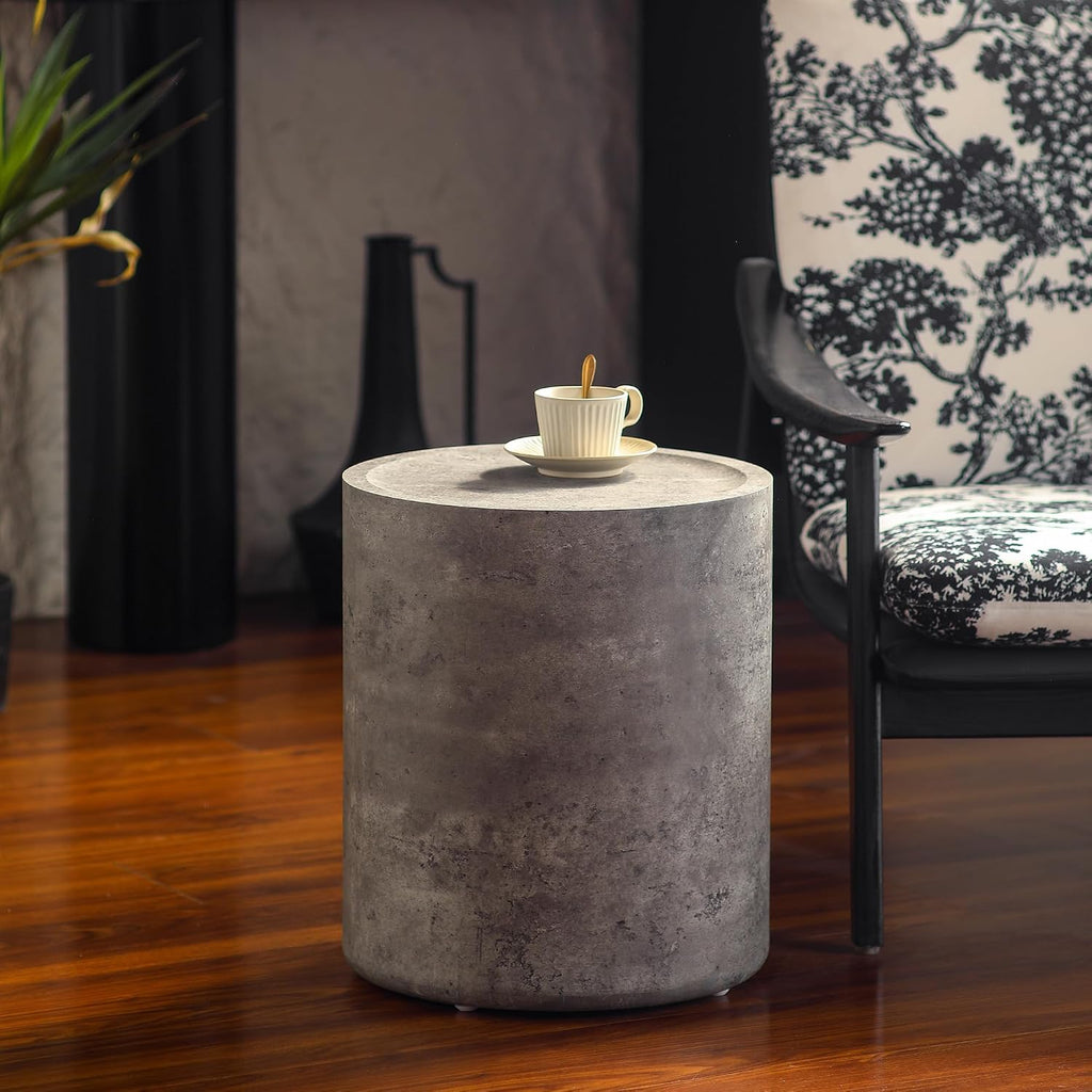 Round End Table with Mars Pattern for Living Room, Modern Drum Circle Side Table for Small Space, Nightstand Sofa Table for Bedroom, No Need Assembly, Stone Grey