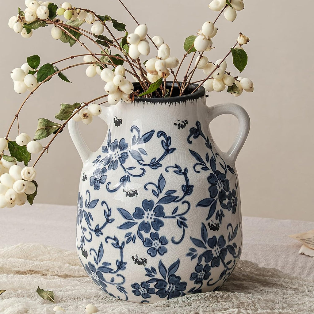 Blue and White Vintage Round Flower Vase with 2 Handles, Chinoiserie Floral Vase, Retro Ice Cracked Ceramic Large Vases for Home Decor, Living Room, Grand Millennial Chinoiserie Decor, 7.7 Inch