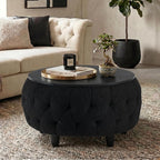 Large Round Storage Ottoman Coffee Table with Wooden Tabletop, 32 Inches Teddy Fleece Tufted Ottoman for Living Room, Bedroom, Apartments (Black)