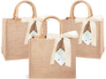 6 Pack Burlap Tote Bags with Handles Reusable Medium Jute Gift Bags with Light Beige Silk Ribbons Waterproof Lining for Wedding Bridesmaid Mother's Day Bachelorette Beach Party