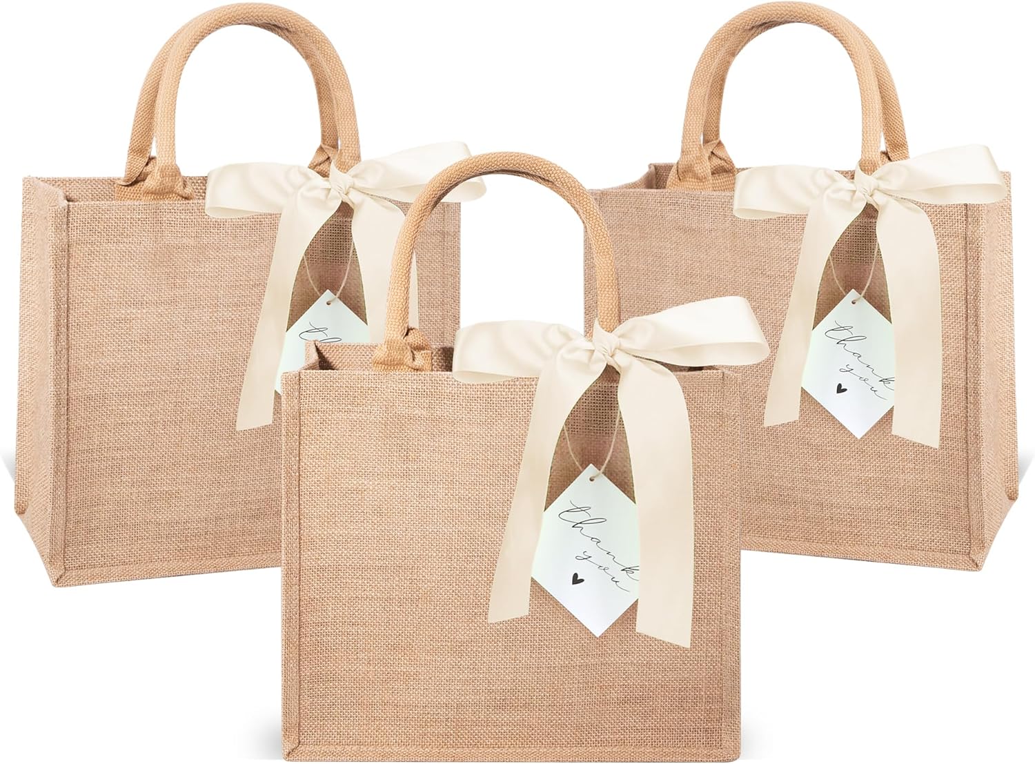 6 Pack Burlap Tote Bags with Handles Reusable Medium Jute Gift Bags with Light Beige Silk Ribbons Waterproof Lining for Wedding Bridesmaid Mother's Day Bachelorette Beach Party