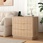 ELYKEN 24" Nightstand with 3 Drawers & Outlet, Fluted End Table Natural Oak | 2 AC Outlets,1 USB Ports, 1 Type C, Charging Station, Fluted Storage Bedside Table, Wood Night Stand, Heavy duty, Bedroom