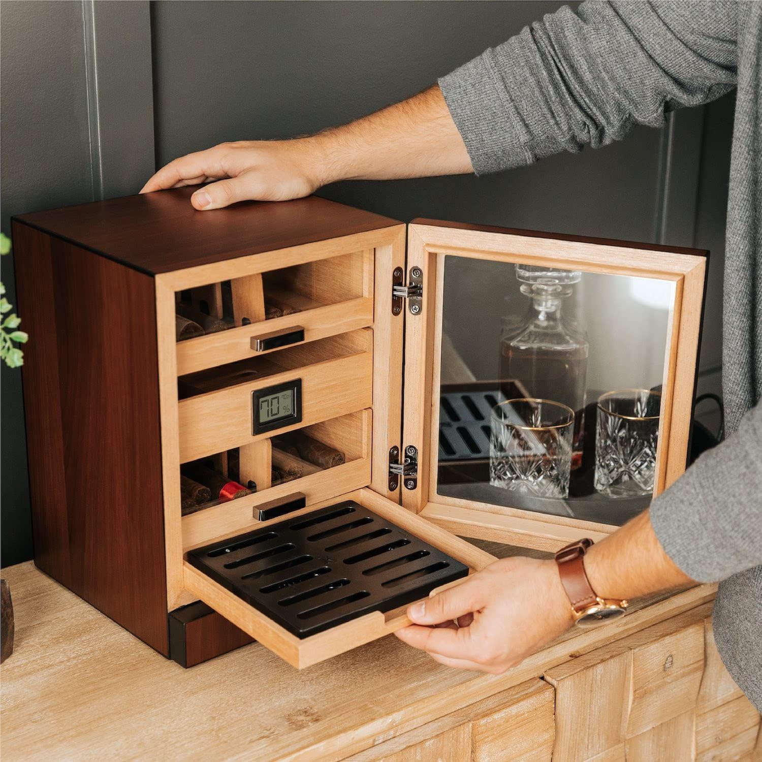 CASE ELEGANCE Monogrammed Luca Cabinet Humidor with Thick Cedar, Easy humidification System, Accurate Digital Hygrometer - Brown