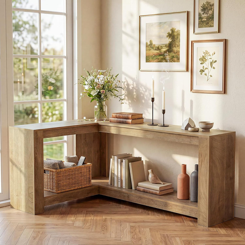 Tribesigns L-Shaped Console Table, 63" Sofa Table Behind Couch with 2-Tier Storage Shelves, Narrow Entryway Table, Couch Table for Living Room, Hallway, Foyer, Bedroom, Brown