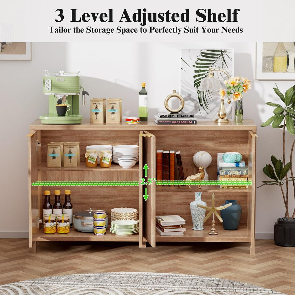 Fluted Sideboard Buffet Cabinet, 55" Large Storage Buffet Cabinet with 4 Doors and Adjustable Shelves, Modern Sideboard Console Table for Living Room,Entryway,Dinning Room,Kitchen-Grey