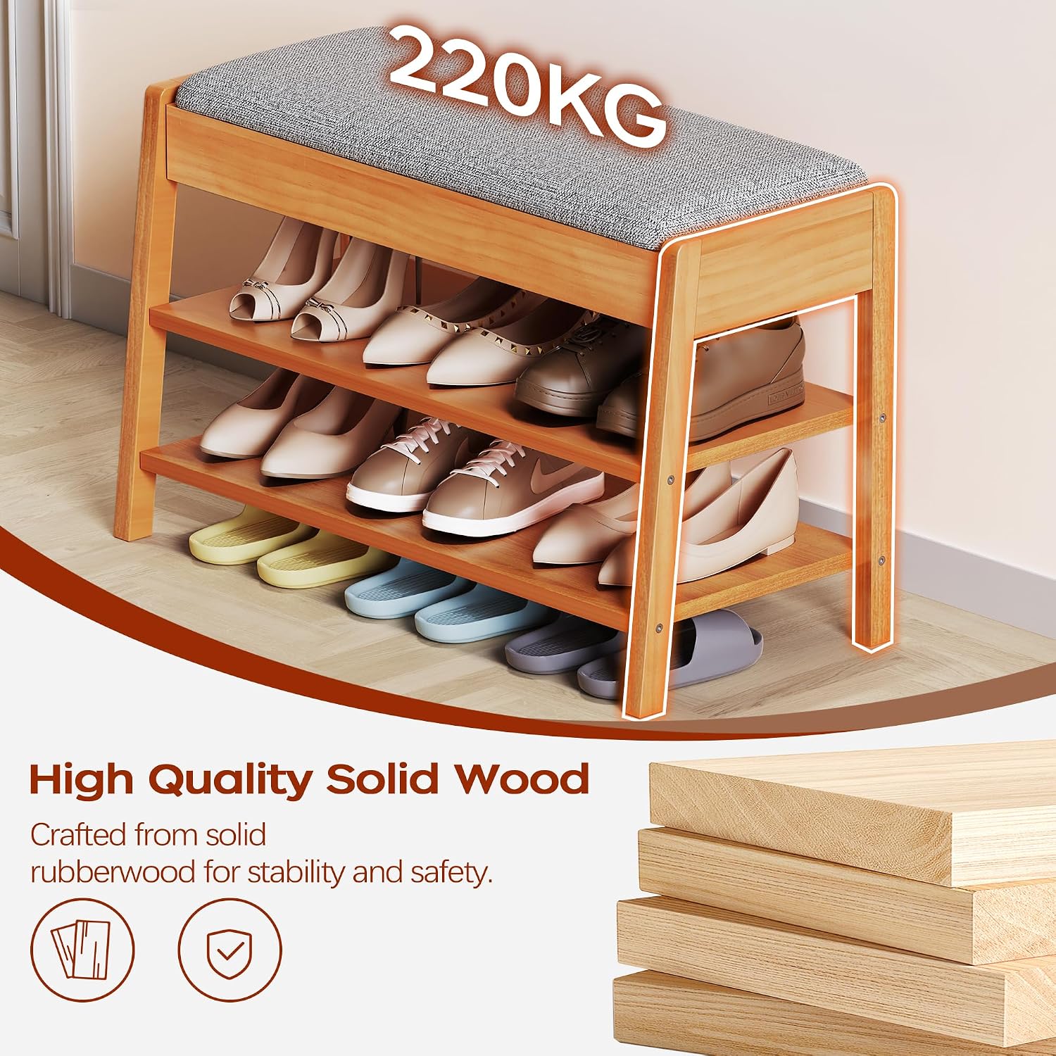 Shoe Rack Bench with Storage, 2-Tier Entryway Bench with Cotton-Linen Cushion, Flip-Open Solid Wood Storage Organizer for Hallway, Living Room, Bedroom, 31.5”