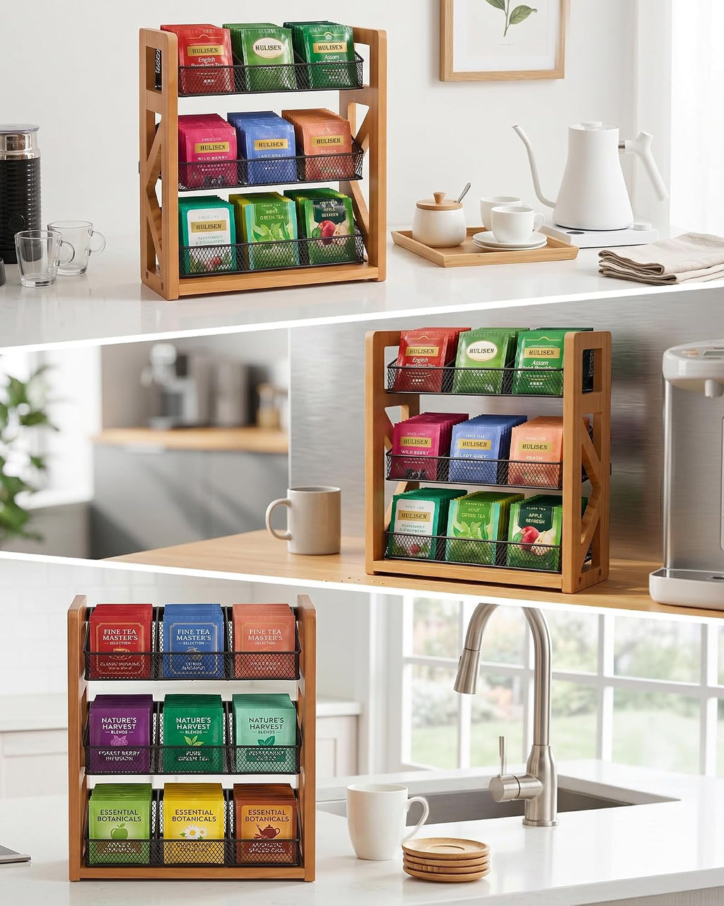 HULISEN Tea Bag Organizer, 3 Tier Tea Bag Holder, Holds Up to 120 Teabags | 9 Removable Compartments, Countertop or Wall Mount Use, Wood Metal Teabag Rack for Coffee Bar Kitchen