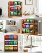 HULISEN Tea Bag Organizer, 3 Tier Tea Bag Holder, Holds Up to 120 Teabags | 9 Removable Compartments, Countertop or Wall Mount Use, Wood Metal Teabag Rack for Coffee Bar Kitchen