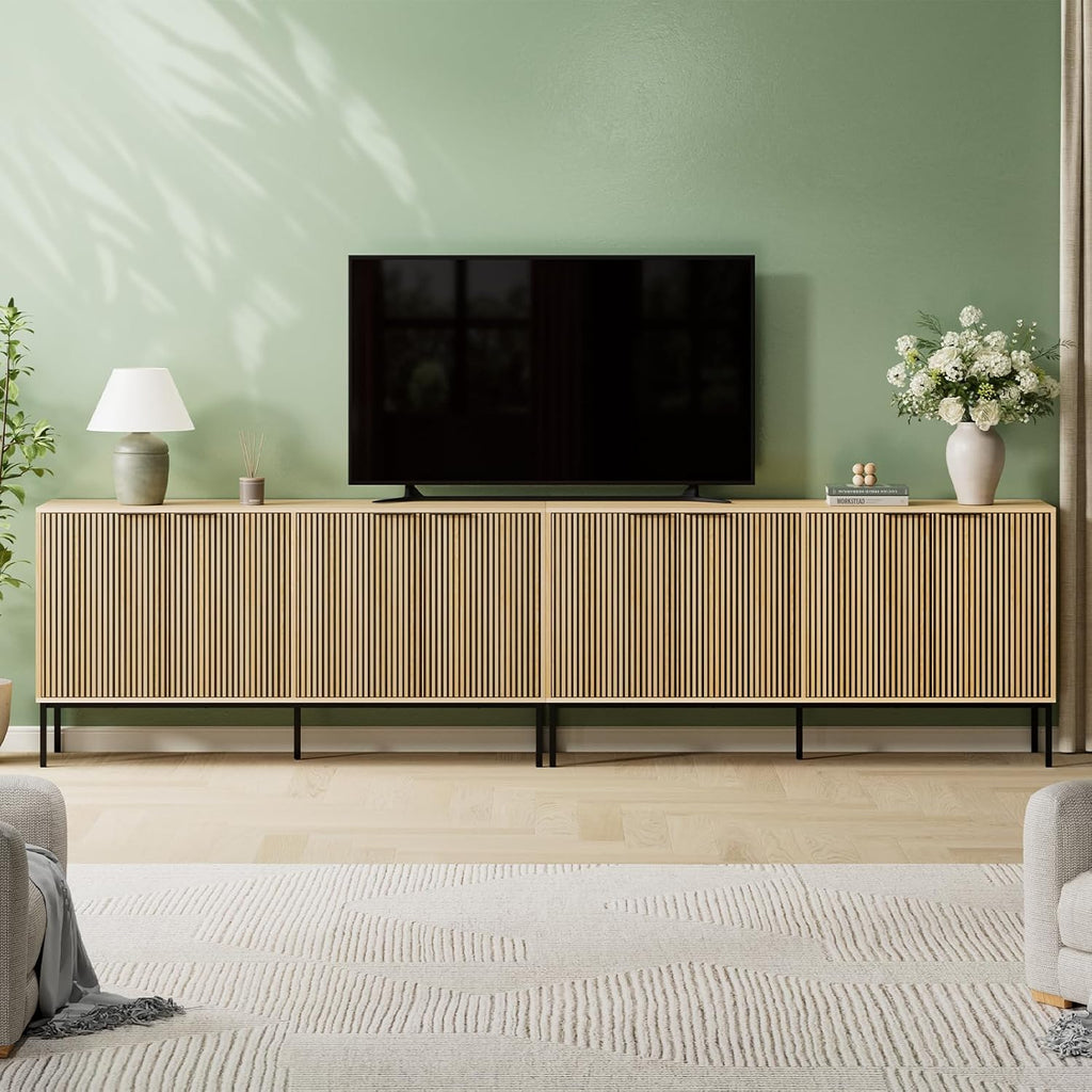 Sideboard Buffet Cabinet with 4 Doors, 63" Kitchen Accent Storage Cabinet with Adjustable Shelves, Square Tubular Steel Legs,Wood Sideboard Credenza for Kitchen Coffee Bar, Natural Wood