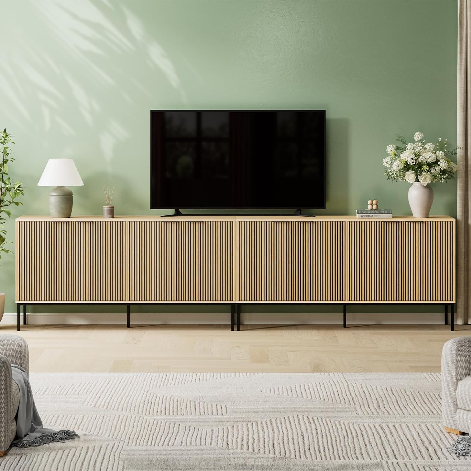 Sideboard Buffet Cabinet with 4 Doors, 63" Kitchen Accent Storage Cabinet with Adjustable Shelves, Square Tubular Steel Legs,Wood Sideboard Credenza for Kitchen Coffee Bar, Natural Wood