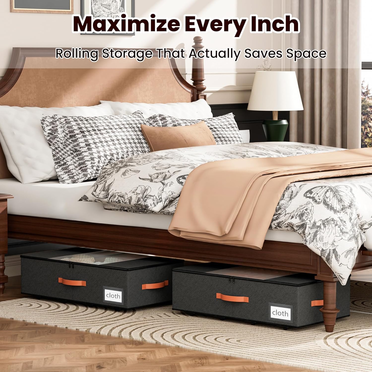 TOSKING 2-Pack Under Bed Storage Drawers with Wheels, 6 Vacuum Bags, 7.9" Height, Large 65L/80 lbs Clear Lid Rolling Bin, 900D Oxford, Space Saver for Dorm Bedroom, Blankets, Clothes, Shoes, Black
