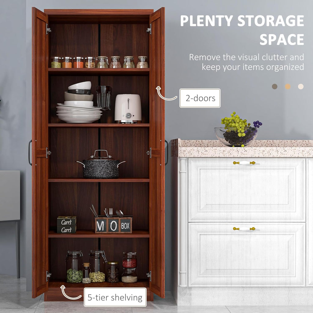 63" Tan Kitchen Pantry Cabinet - 5-Tier Storage, Adjustable Shelves, Farmhouse Style for Dining/Kitchen