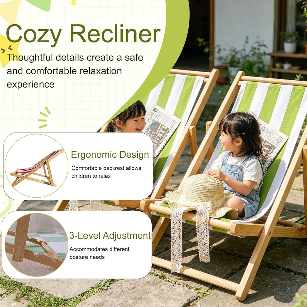 Kids Chaise Lounge Chair Outdoor, Toddler Wood Double Pool Lounger Chairs w/Removable Stripped Fabric Cushions, for Lawn, Pool, Garden, and Yard(Black)