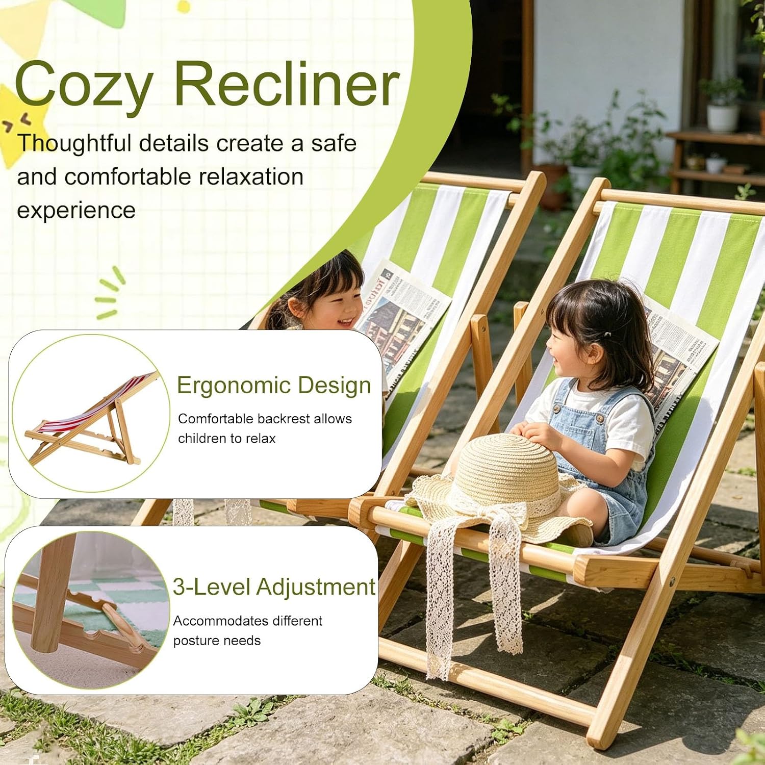 Kids Chaise Lounge Chair Outdoor, Toddler Wood Double Pool Lounger Chairs w/Removable Stripped Fabric Cushions, for Lawn, Pool, Garden, and Yard(Black)