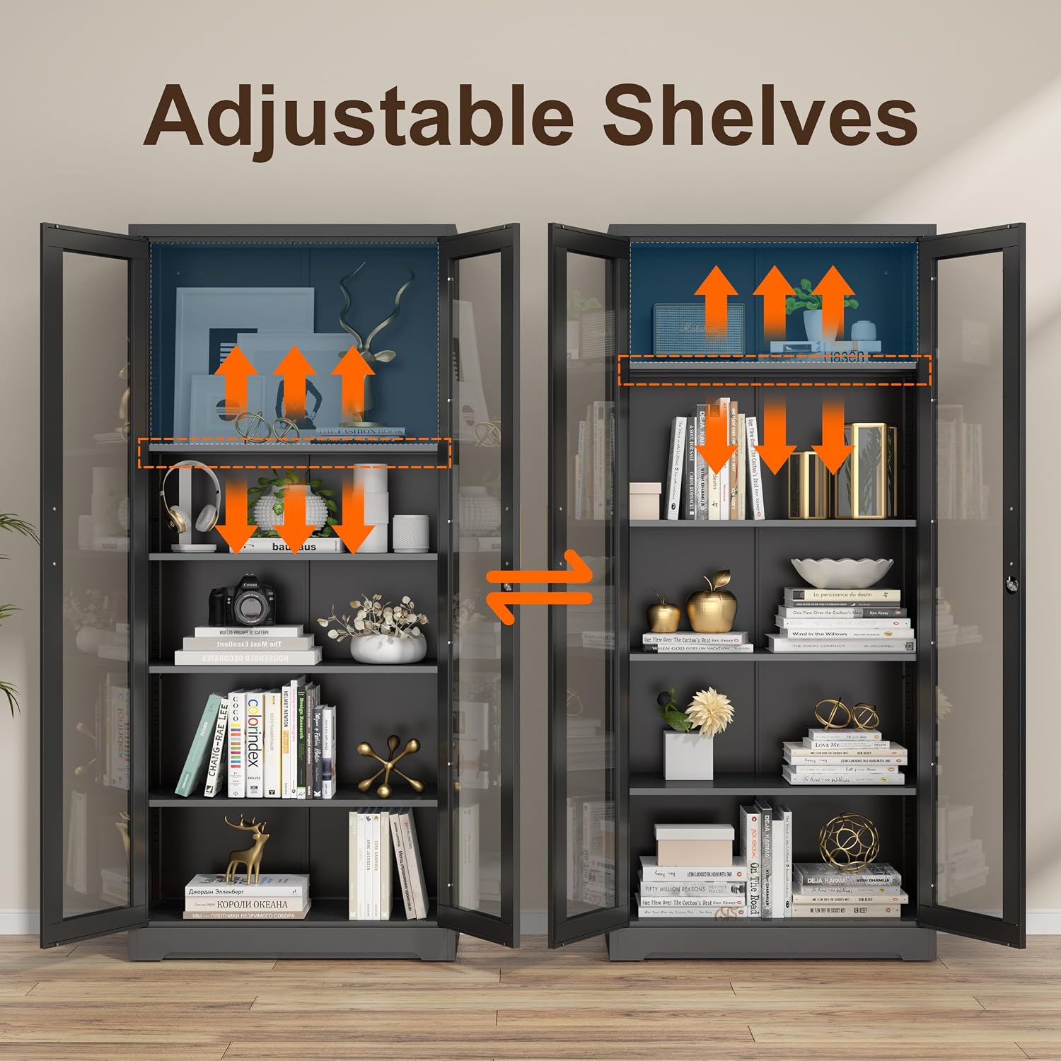 Curio Display Cabinet with Glass Doors,71”H Metal Display Case with 4 Adjustable Shelves - Black China Storage Cabinet for Collectibles, Trophies & Liquor - Locking Tall Glass Cabinet for Home
