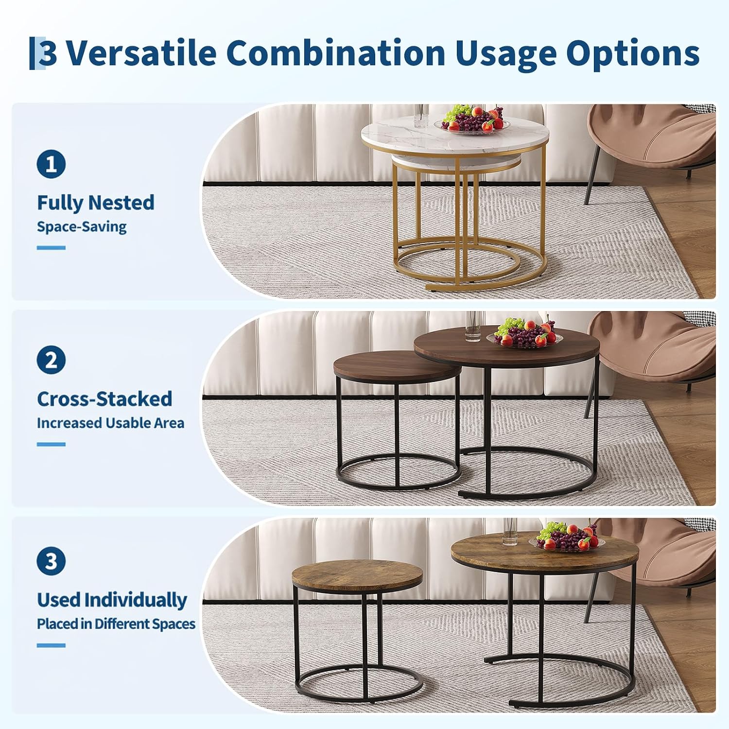 Garvee 23.6/15.7 Inch Round Nesting Coffee Table Set of 2, Round Coffee Table for Living Room, Space Saving Nesting Tables with Faux Marble Top, Metal Frame, Adjustable Feet for Bedroom