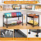 3IngSeagulls 2-Tier Expandable Rolling Pantry Floor Organizer, Stackable Pantry Storage Cart with Wheels, Kitchen Fruit and Vegetable Storage Rack for Onion, Potato, Food, Snacks