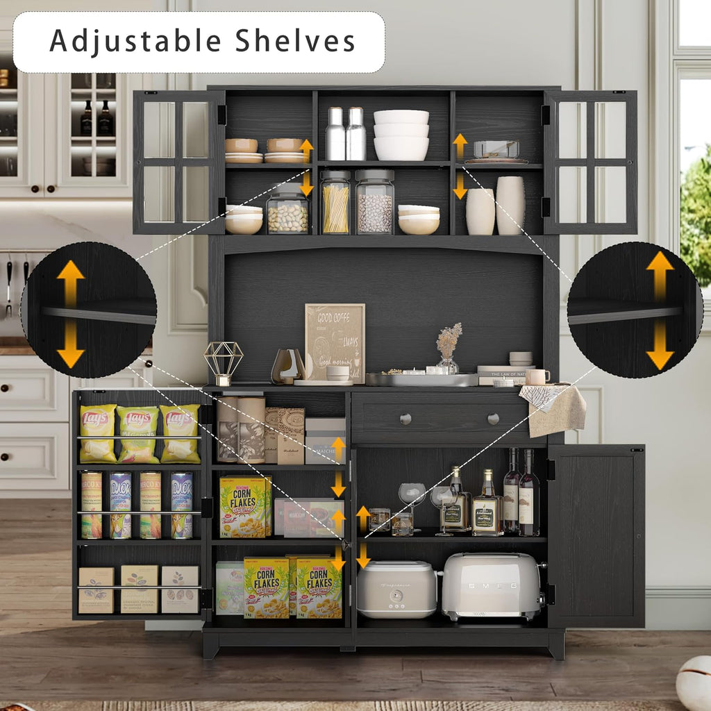 68" Pantry Cabinet with Charging Station, Kitchen Pantry Storage Cabinet with Microwave Stand, Kitchen Hutch Cabinet with Storage Drawers, Food Pantry Cabinets with Countertop for Dining Room(Black)