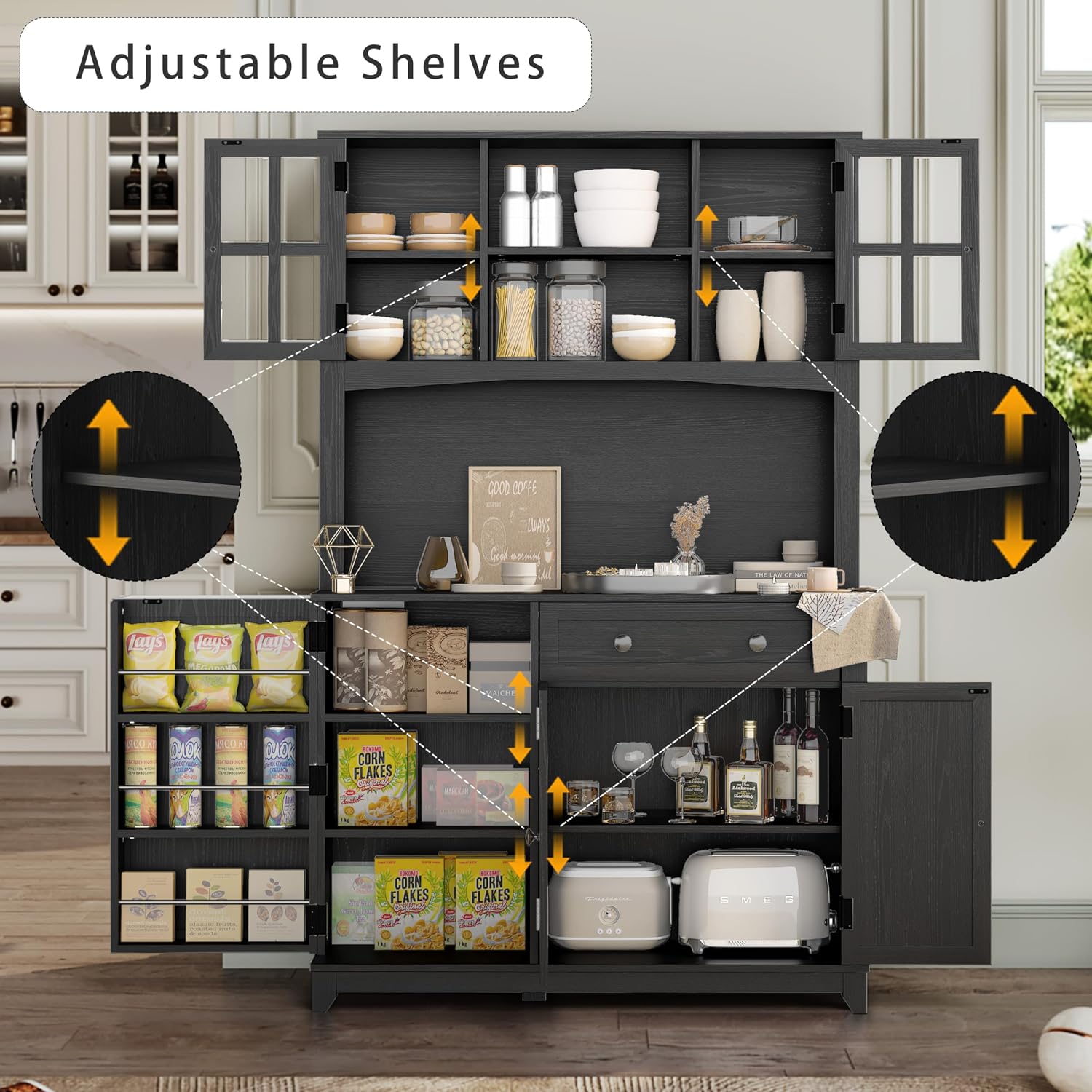68" Pantry Cabinet with Charging Station, Kitchen Pantry Storage Cabinet with Microwave Stand, Kitchen Hutch Cabinet with Storage Drawers, Food Pantry Cabinets with Countertop for Dining Room(Black)