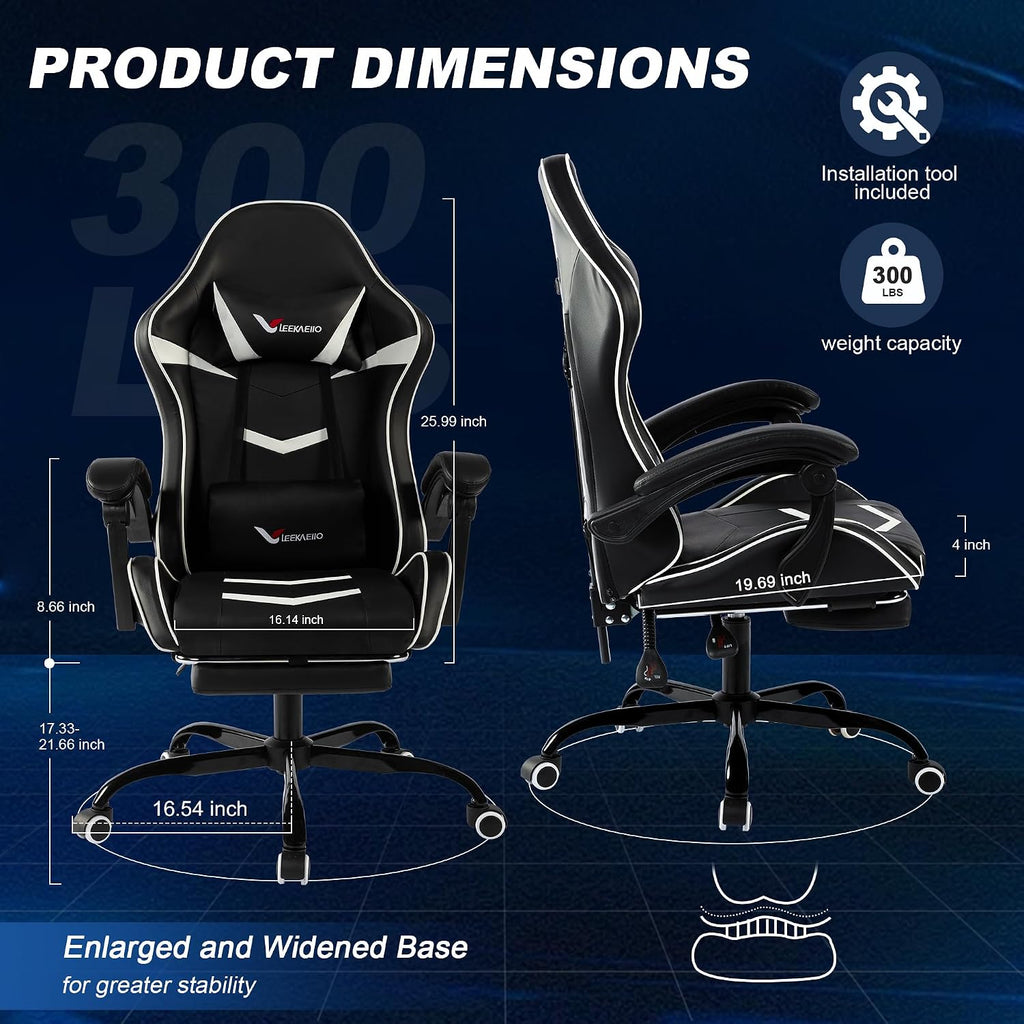 Gaming Chair for Adults, Ergonomic Gamer Chair with Footrest, Spring Pocket Cushion, Computer Office Desk Gaming Chair with Enlarged Metal Base, Linkage Armrests, Lumbar & Headrest (Black & White)