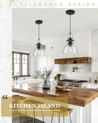 2 Pack Pendant Lights Kitchen Island, 7.5" Black Pendant Lighting with Clear Seeded Glass Shade, Farmhouse Hanging Light Fixtures for Dining Room, AD-22151-1P2-BK