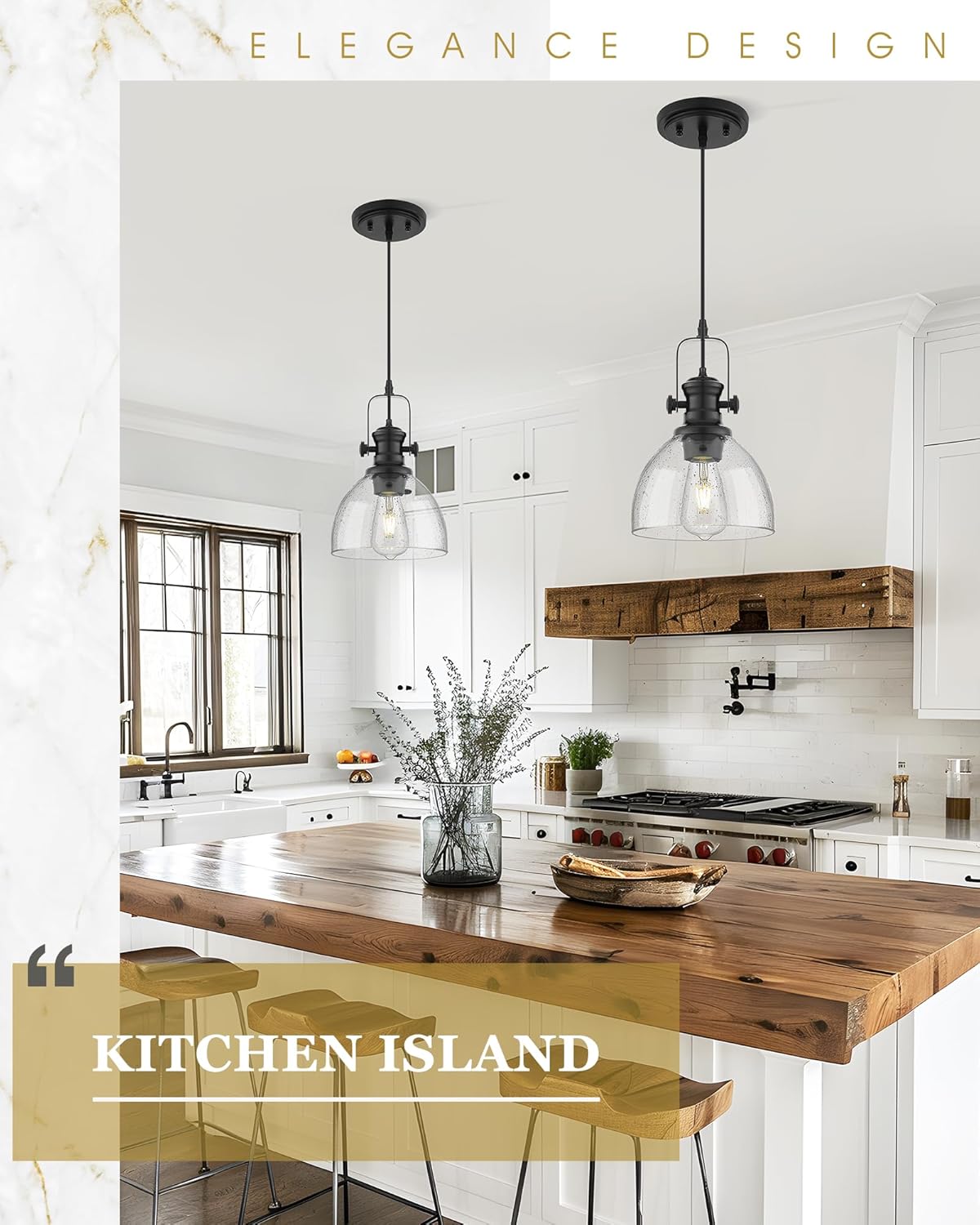 2 Pack Pendant Lights Kitchen Island, 7.5" Black Pendant Lighting with Clear Seeded Glass Shade, Farmhouse Hanging Light Fixtures for Dining Room, AD-22151-1P2-BK