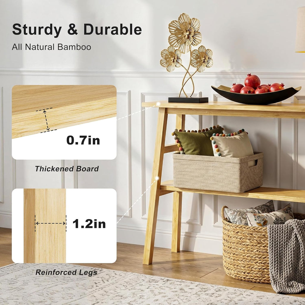 39.4" Solid Bamboo Entryway Console Table, Sofa Table Behind Couch, Narrow Bamboo Wood Entry Table with Storage Shelves for Living Room, Hallway，Modern, Easy Assembly, Natural