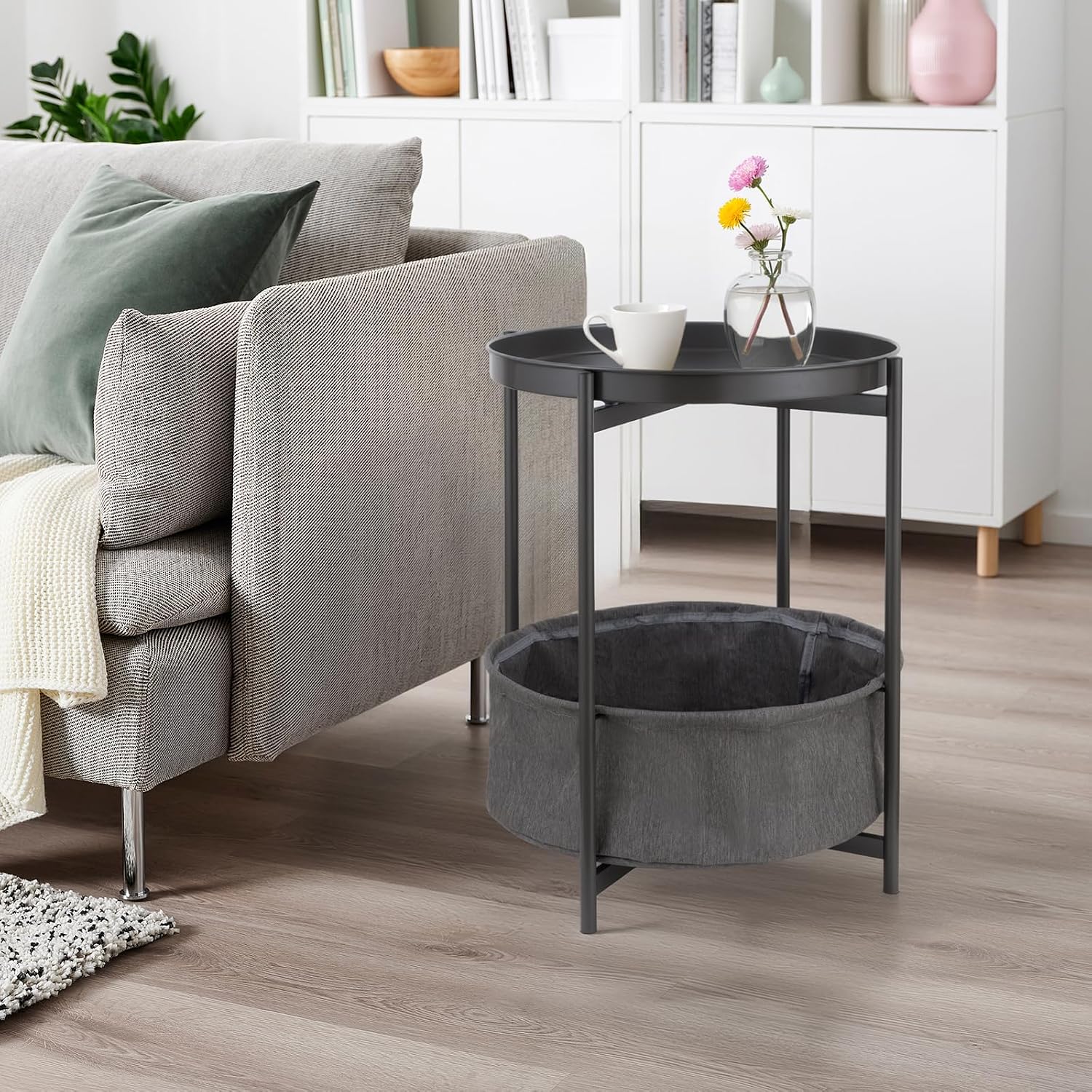 Round Side Table with Fabric Storage Basket, Metal Nightstand with Removable Tray Top, for Living Room, Bedroom, Nursery, Bathroom