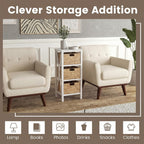 GOFLAME End Table with Wicker Drawers, Sofa Side Table with 3 Baskets, Rubber Wood X-Shaped Frame & Acacia Wood Legs, 3-Tier Wicker Nightstand Bedside for Living Room, Bedroom, White